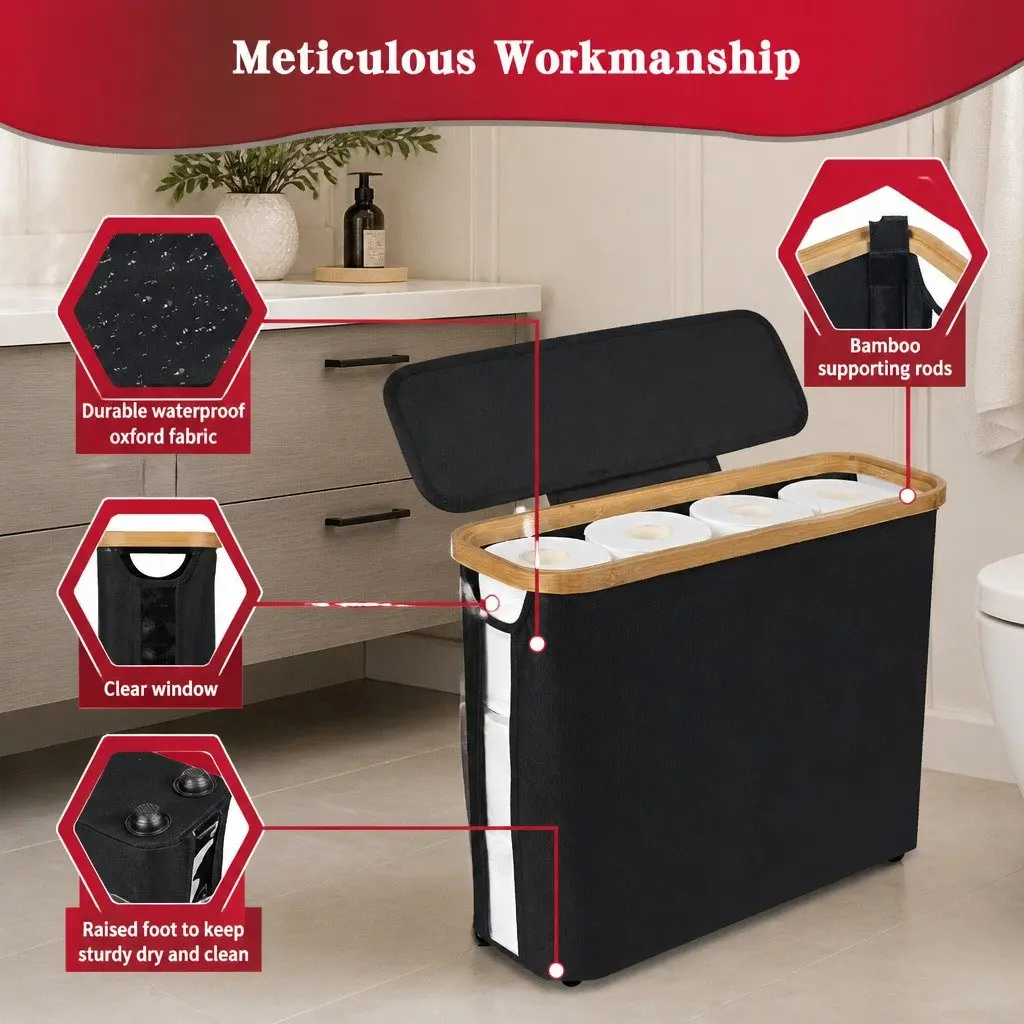 Toilet Paper Storage Basket Bamboo Frame Black 12 Roll Capacity