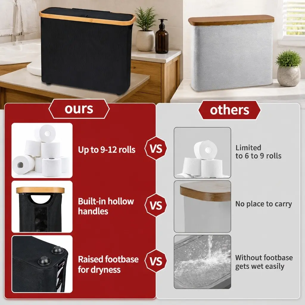Toilet Paper Storage Basket Bamboo Frame Black 12 Roll Capacity