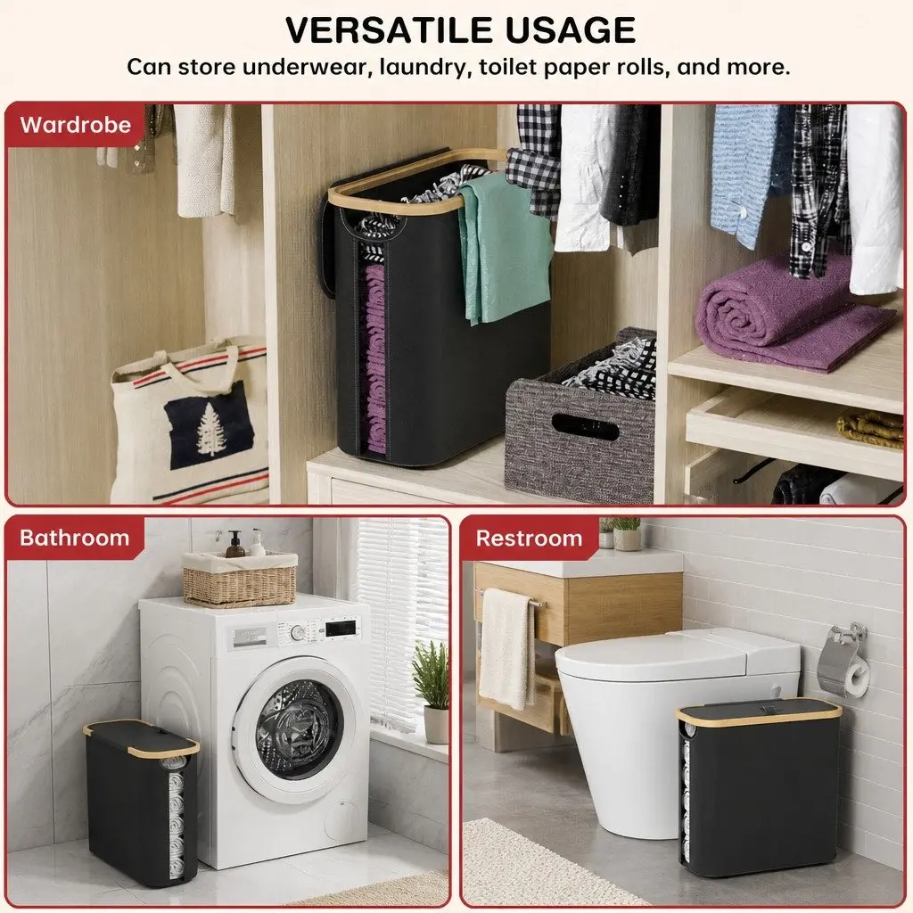 Toilet Paper Storage Basket Bamboo Frame Black 12 Roll Capacity