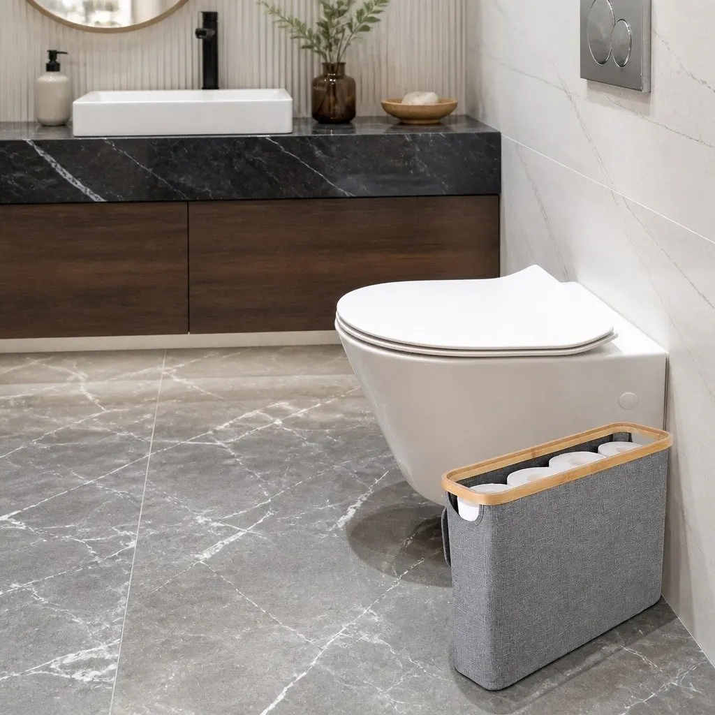 Toilet Paper Storage Basket Slim Oxford Cloth Grey with Bamboo Lid and Handle 35x45x15cm