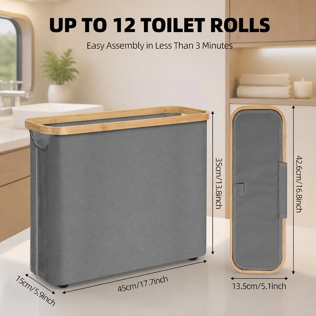 Toilet Paper Storage Basket Slim Oxford Cloth Grey with Bamboo Lid and Handle 35x45x15cm