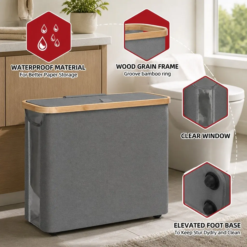 Toilet Paper Storage Basket Slim Oxford Cloth Grey with Bamboo Lid and Handle 35x45x15cm