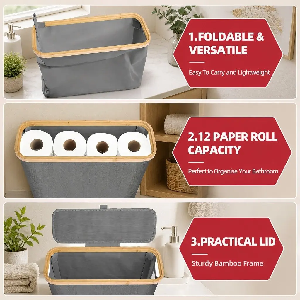 Toilet Paper Storage Basket Slim Oxford Cloth Grey with Bamboo Lid and Handle 35x45x15cm