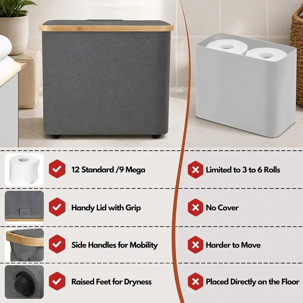 Toilet Paper Storage Basket Slim Oxford Cloth Grey with Bamboo Lid and Handle 35x45x15cm