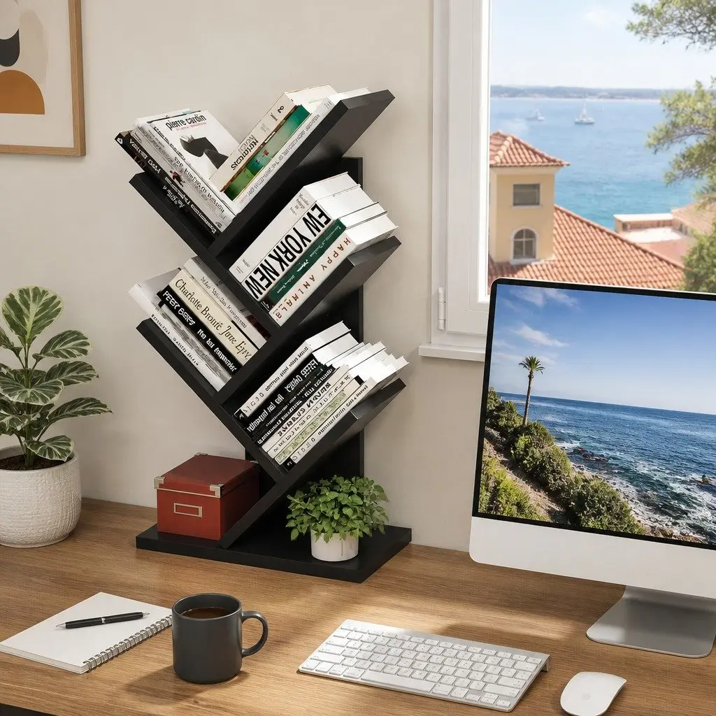 5-Tier Tree Bookshelf Storage Rack High-Density Engineered Wood 17 x 60 x 27 cm White