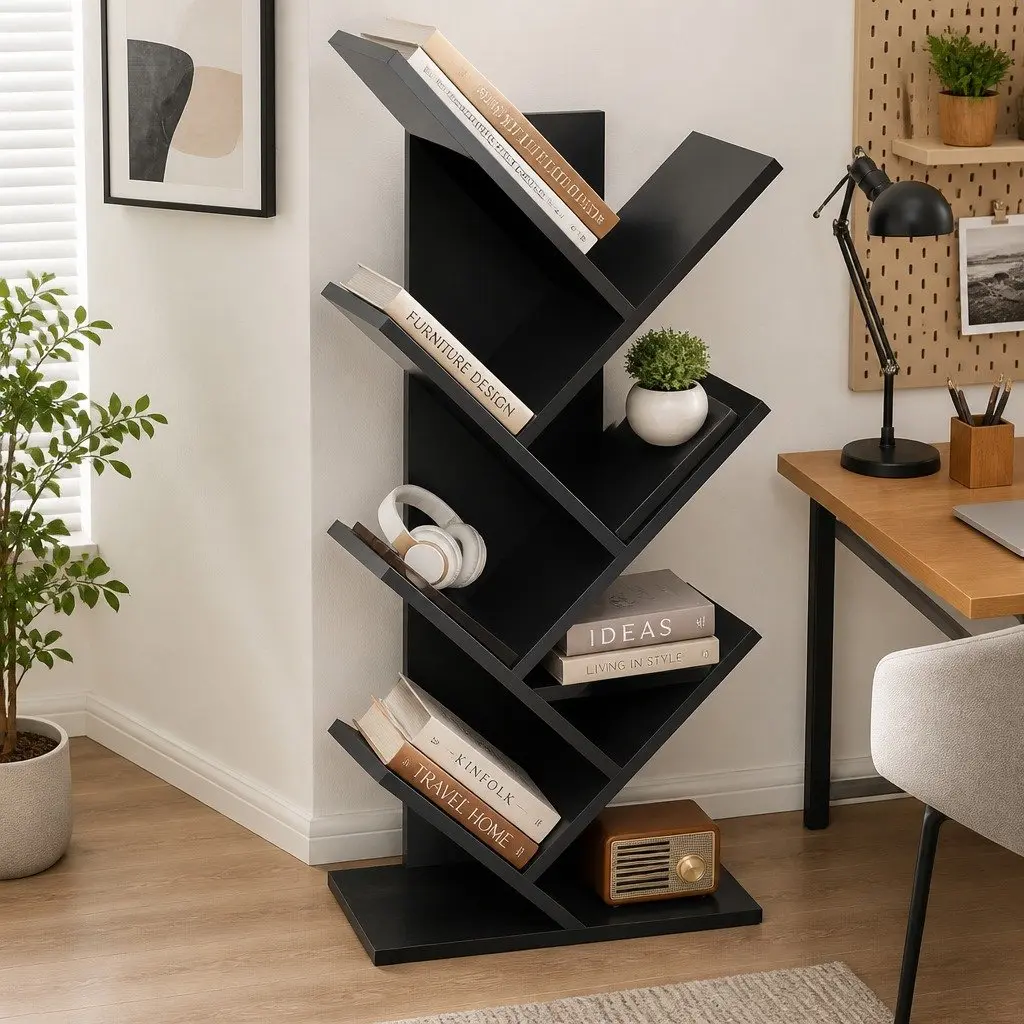 5-Tier Tree Bookshelf Storage Rack High-Density Engineered Wood 17 x 60 x 27 cm White