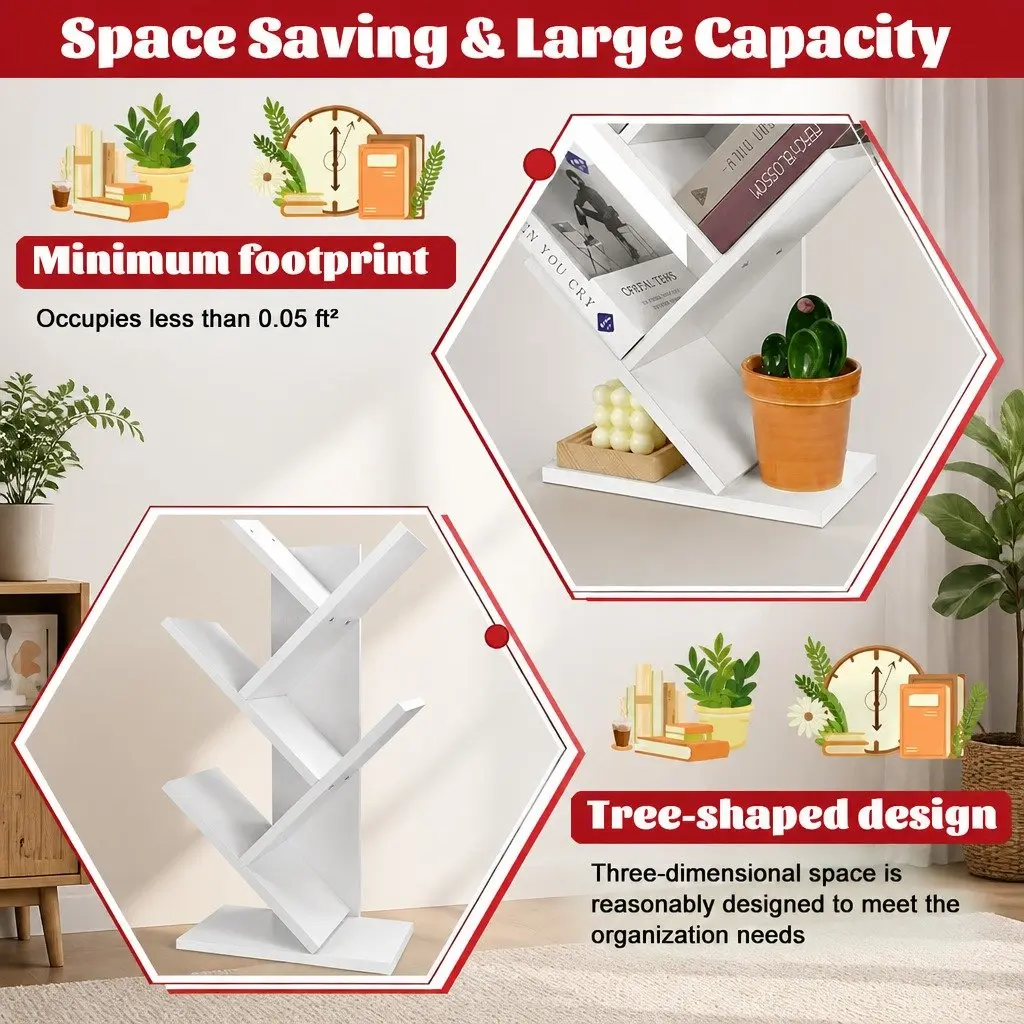 5-Tier Tree Bookshelf Storage Rack Vertical Display Stand Home Office Bedroom