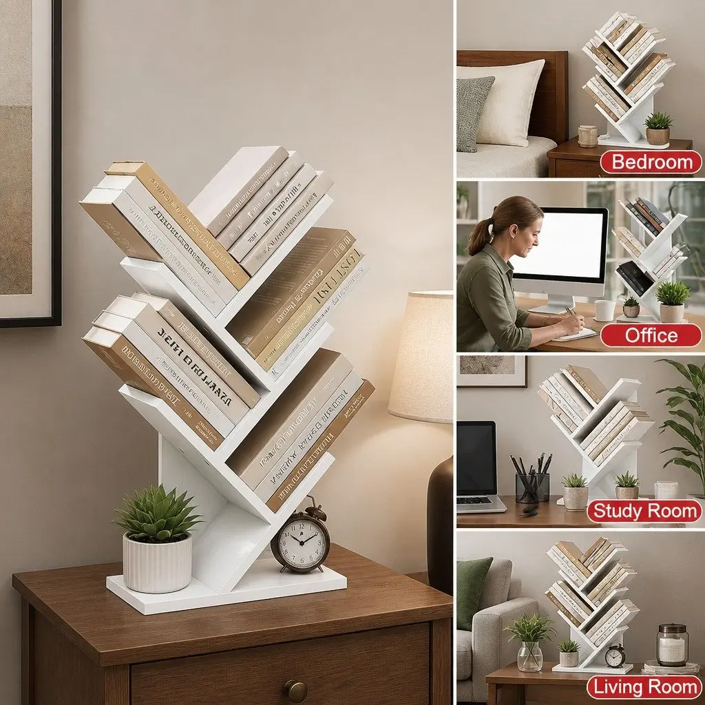 5-Tier Tree Bookshelf Storage Rack Vertical Display Stand Home Office Bedroom