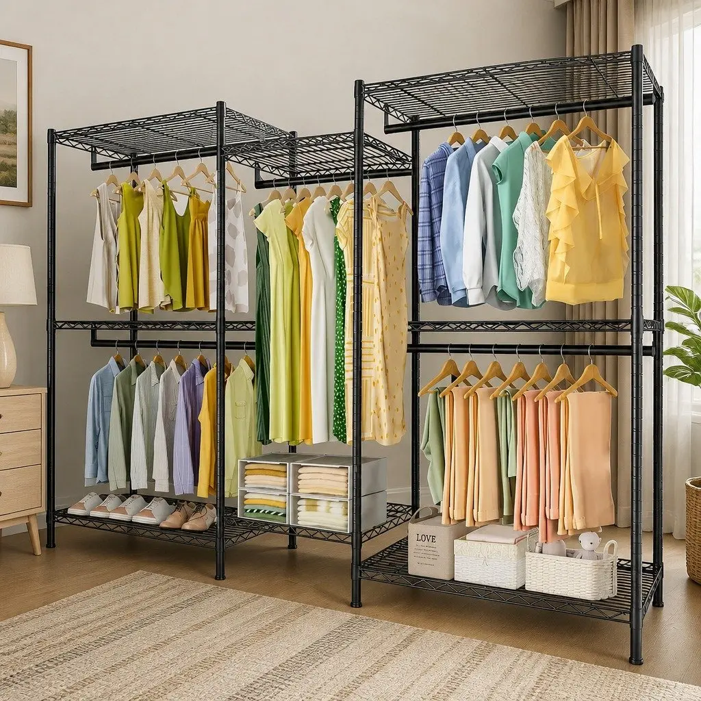Heavy Duty Garment Rack Organizer Steel Adjustable 44cm L x 188cm W x 189cm H Black
