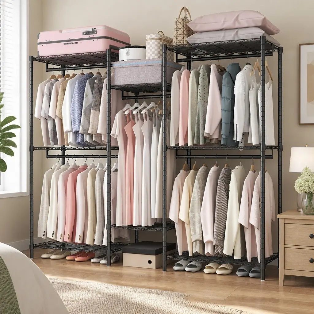 Heavy Duty Garment Rack Organizer Steel Adjustable 44cm L x 188cm W x 189cm H Black