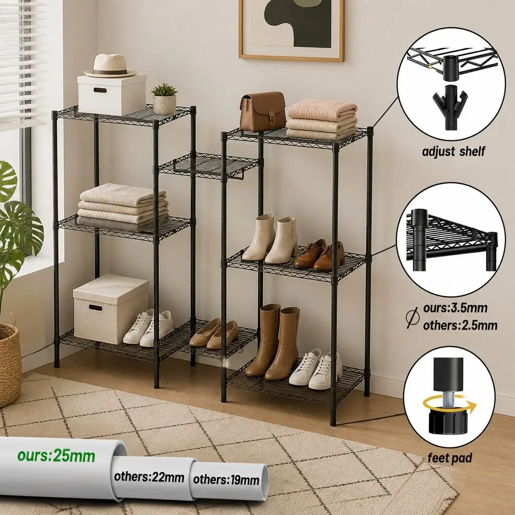 Heavy Duty Garment Rack Organizer Steel Adjustable 44cm L x 188cm W x 189cm H Black