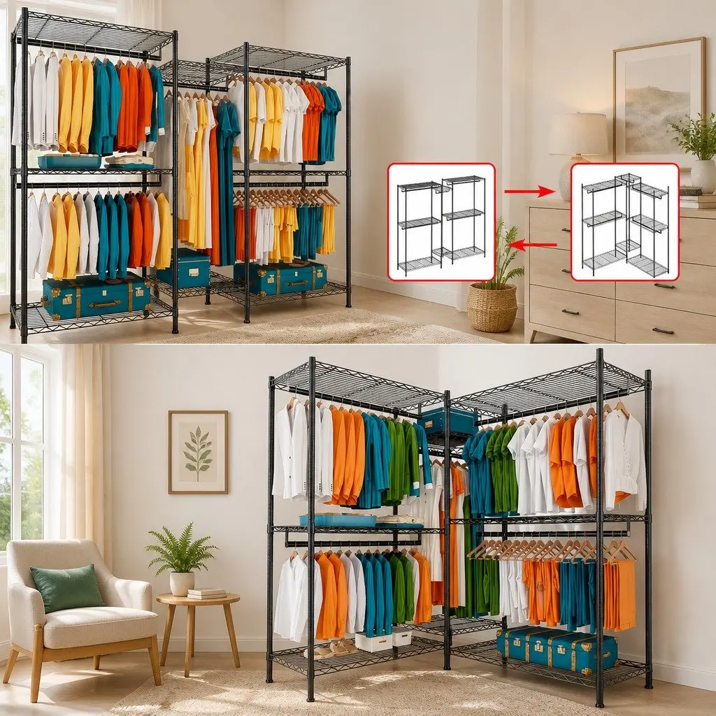 Heavy Duty Garment Rack Organizer Steel Adjustable 44cm L x 188cm W x 189cm H Black