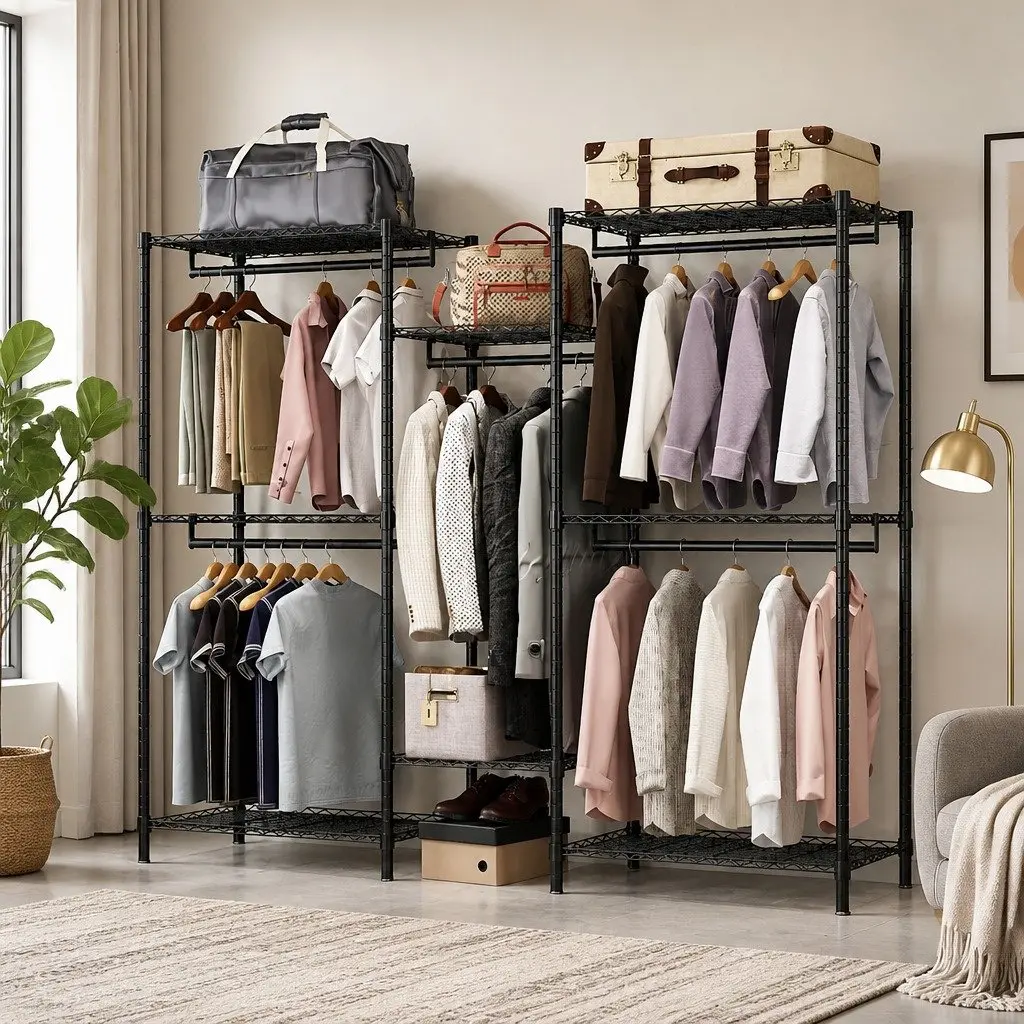 Heavy Duty Garment Rack Organizer Steel Adjustable 44cm L x 188cm W x 189cm H Black