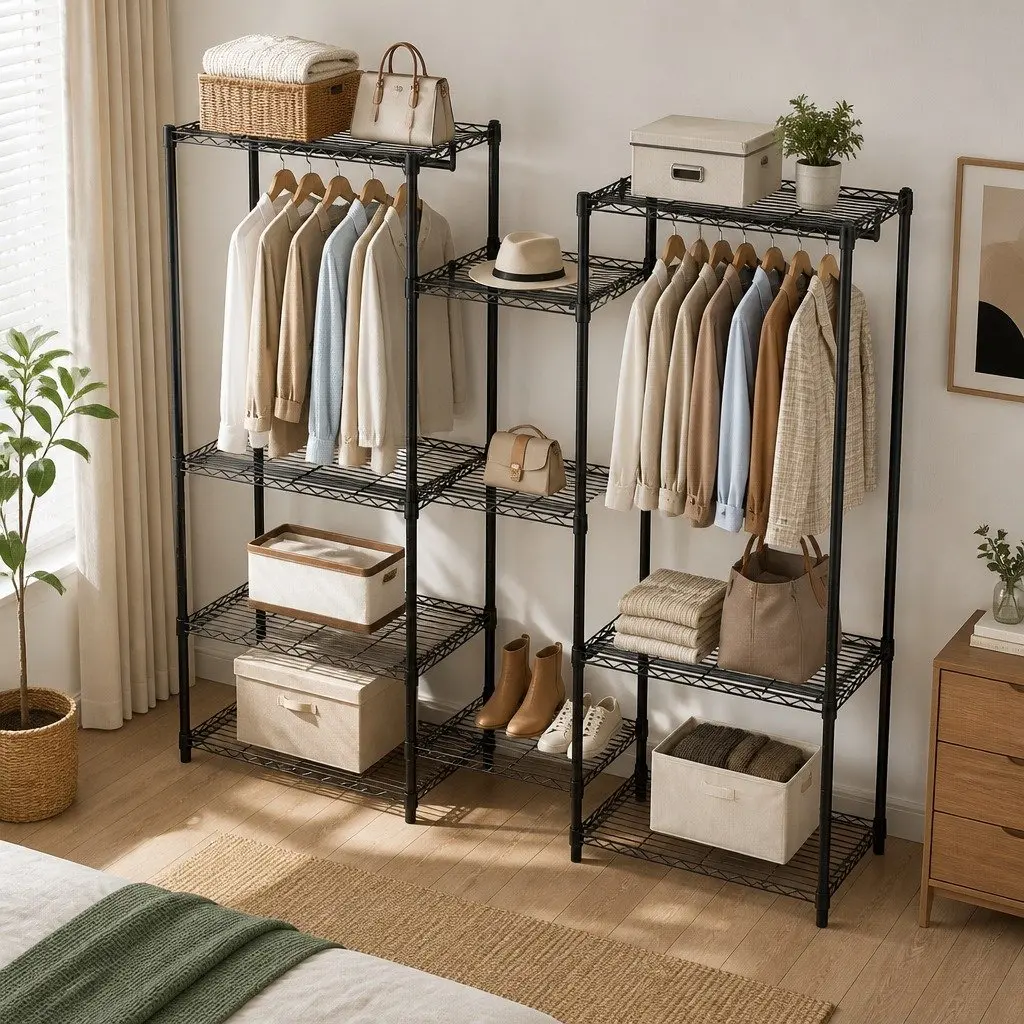 Heavy Duty Garment Rack Organizer Steel Adjustable 44cm L x 188cm W x 189cm H Black