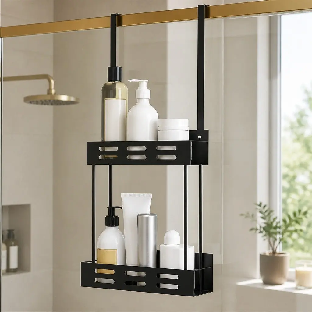 Over the Door Shower Caddy Organizer Rust-Resistant Coated Metal 2-Tier Storage Rack 62 x 30 x 5 cm Silver