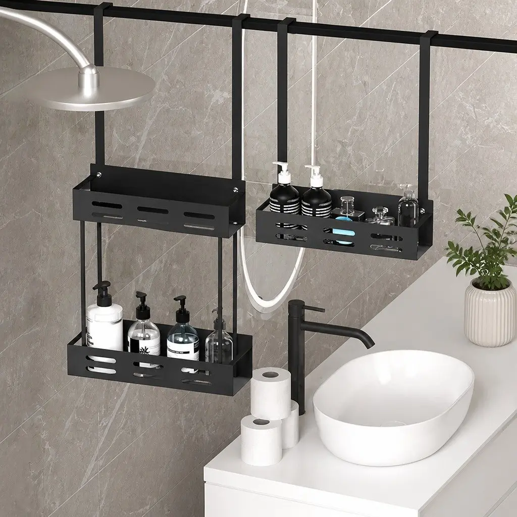 Over the Door Shower Caddy Organizer Rust-Resistant Coated Metal 2-Tier Storage Rack 62 x 30 x 5 cm Silver