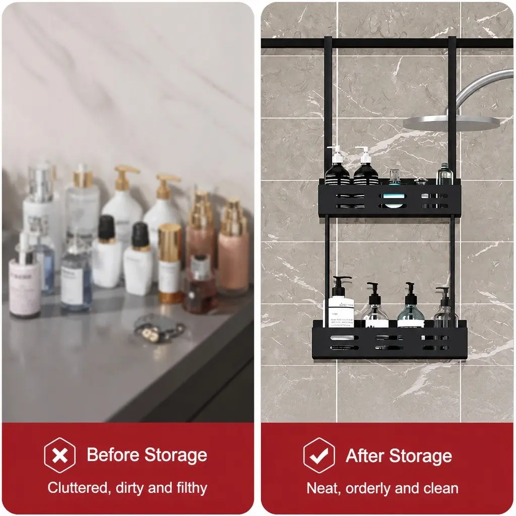 Over the Door Shower Caddy Organizer Rust-Resistant Coated Metal 2-Tier Storage Rack 62 x 30 x 5 cm Silver