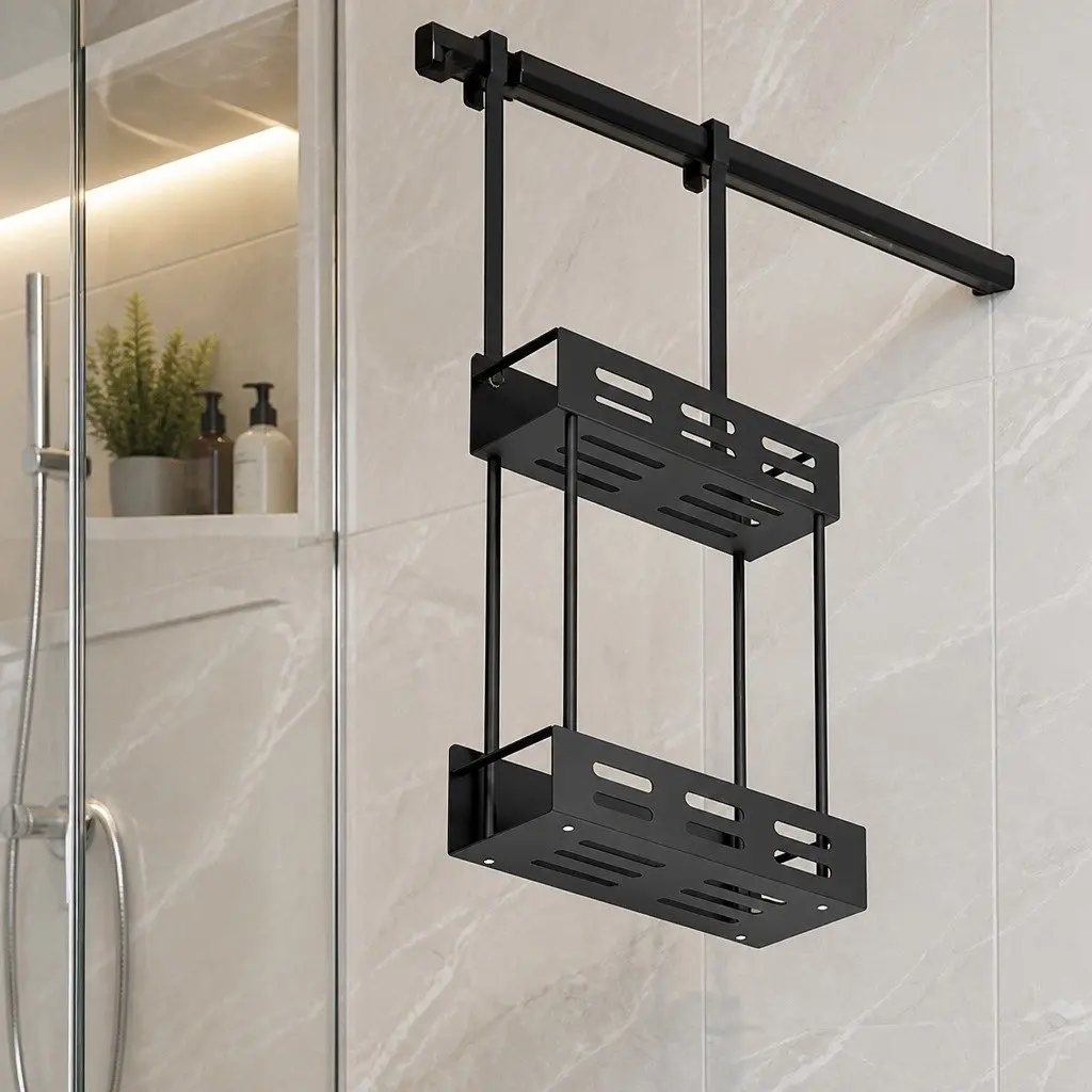 Over the Door Shower Caddy Organizer Rust-Resistant Coated Metal 2-Tier Storage Rack 62 x 30 x 5 cm Silver