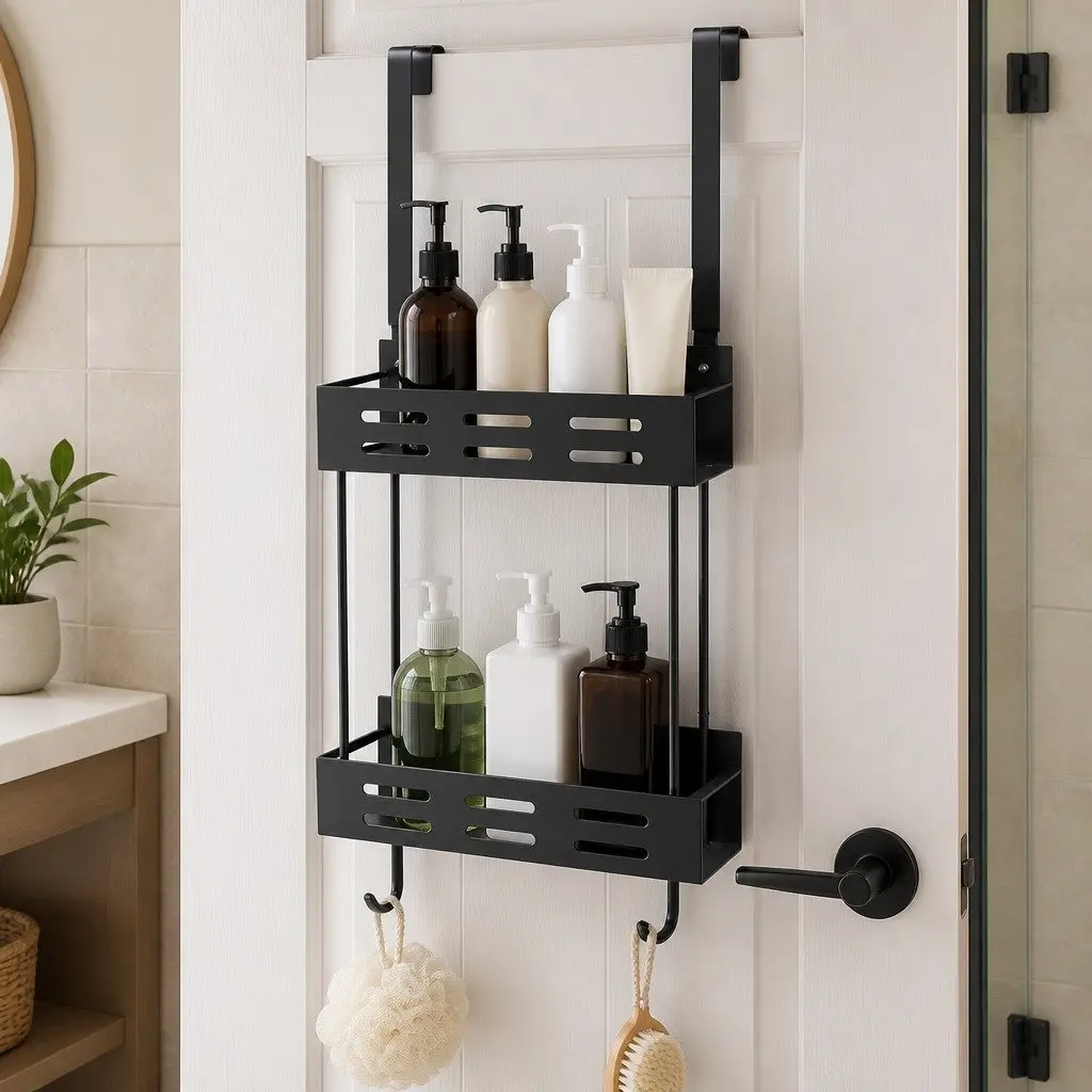 Over the Door Shower Caddy Organizer Rust-Resistant Coated Metal 2-Tier Storage Rack 62 x 30 x 5 cm Silver