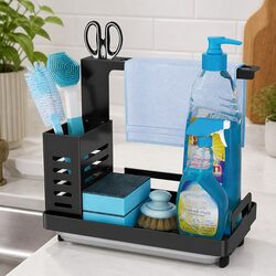 Kitchen Sink Caddy Organizer with Sponge Soap Brush Storage Drain Tray Rag Rack