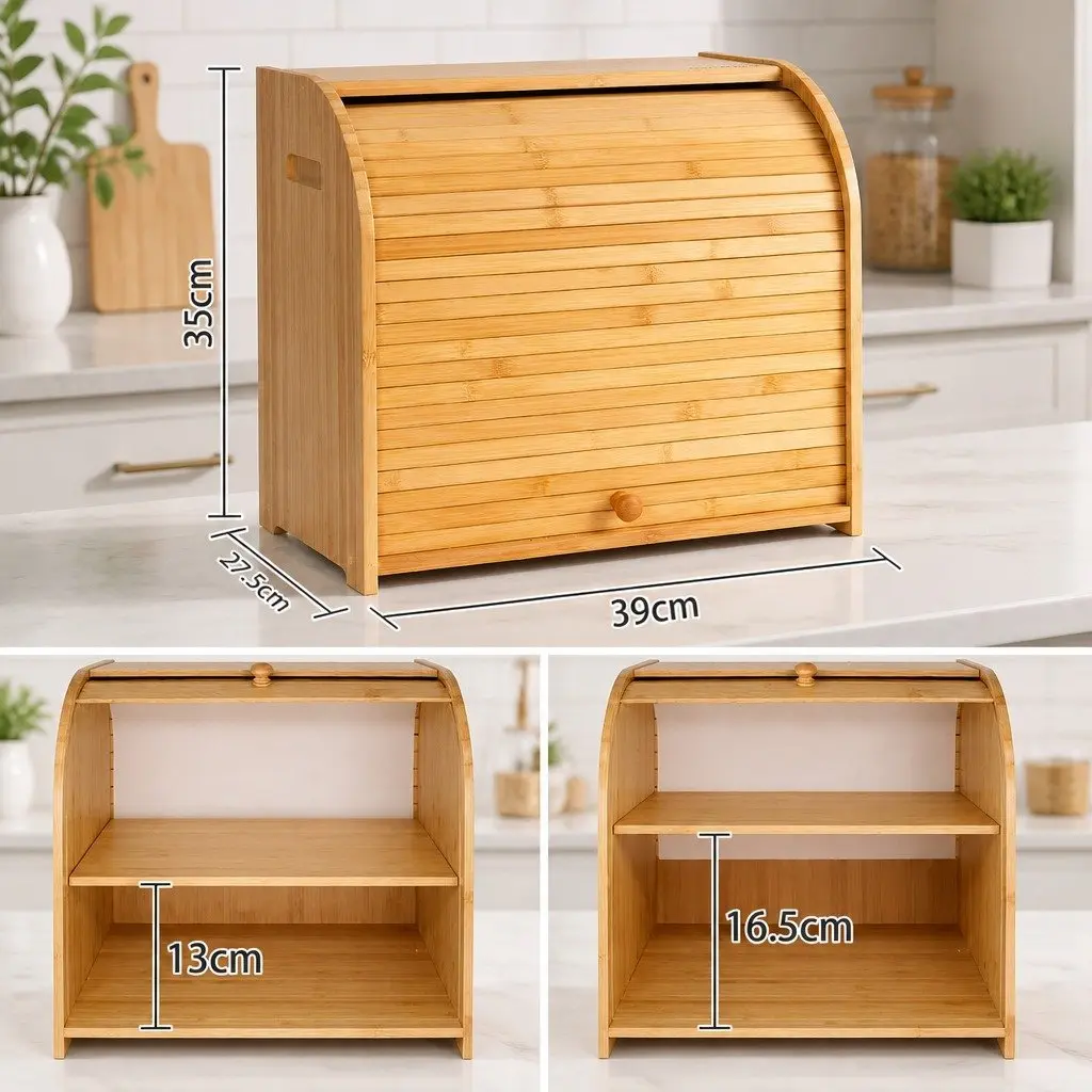 Bamboo Bread Box Roll Top Storage Organizer 2-Tier Large Natural