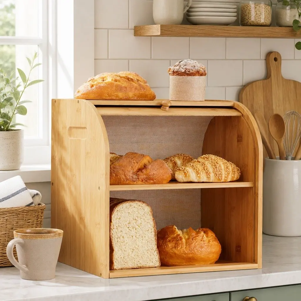 Bamboo Bread Box Roll Top Storage Organizer 2-Tier Large Natural
