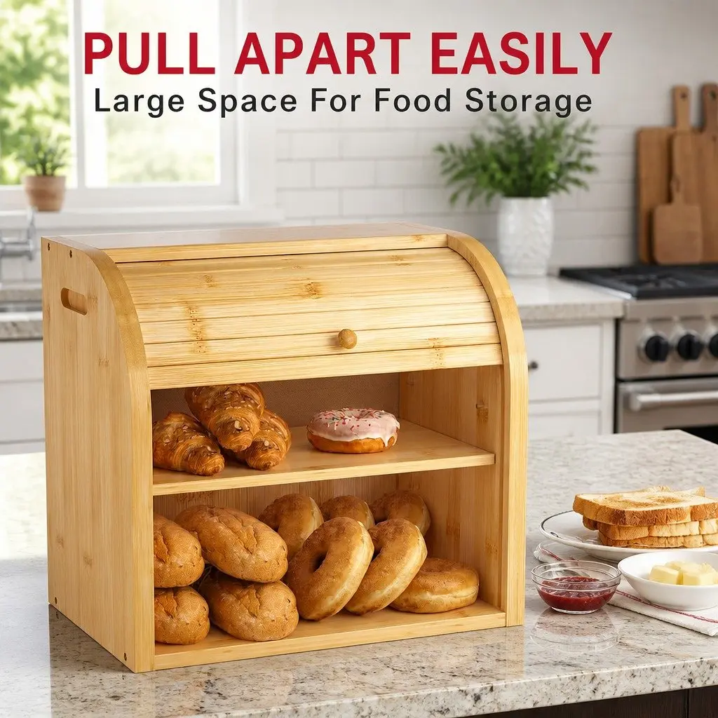 Bamboo Bread Box Roll Top Storage Organizer 2-Tier Large Natural