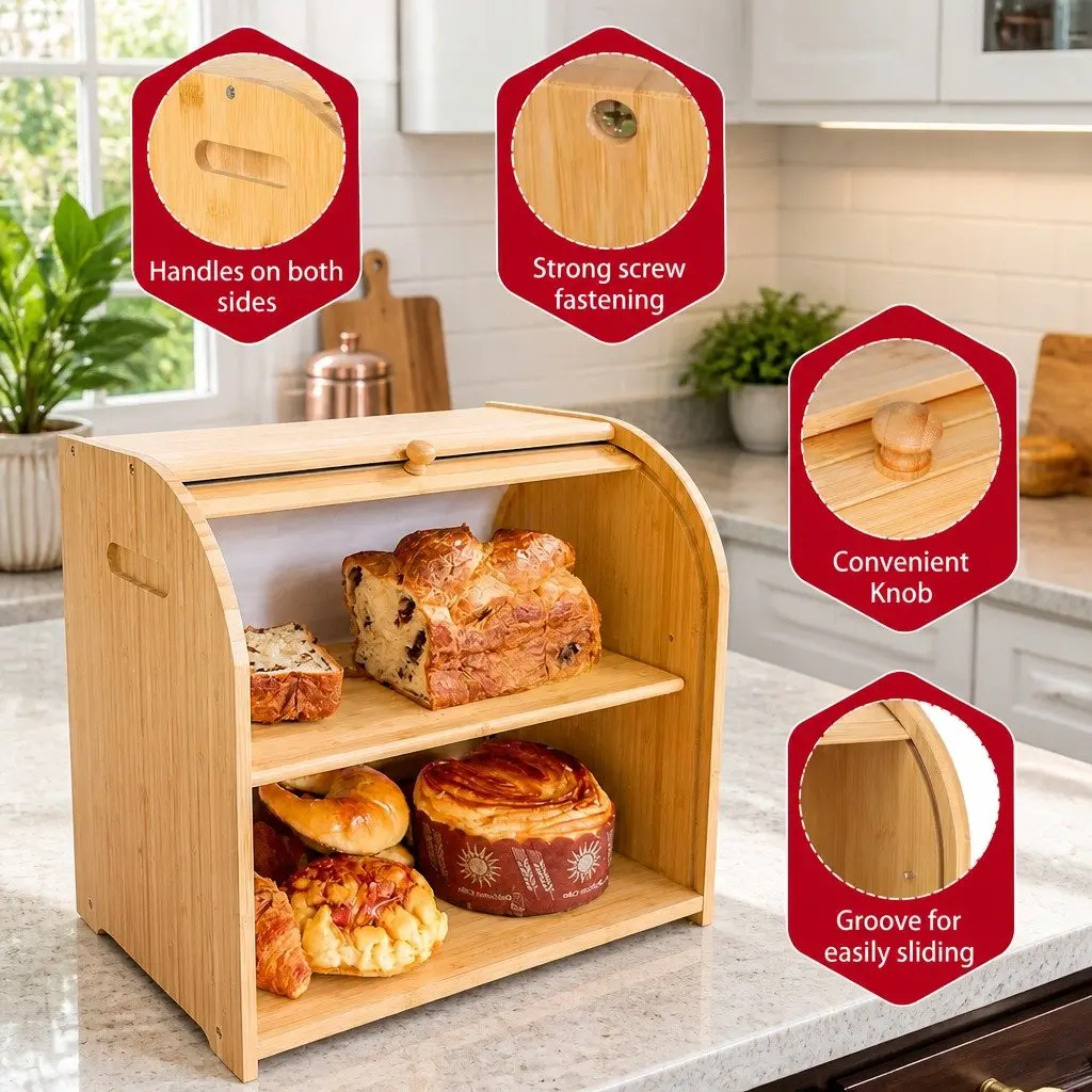 Bamboo Bread Box Roll Top Storage Organizer 2-Tier Large Natural