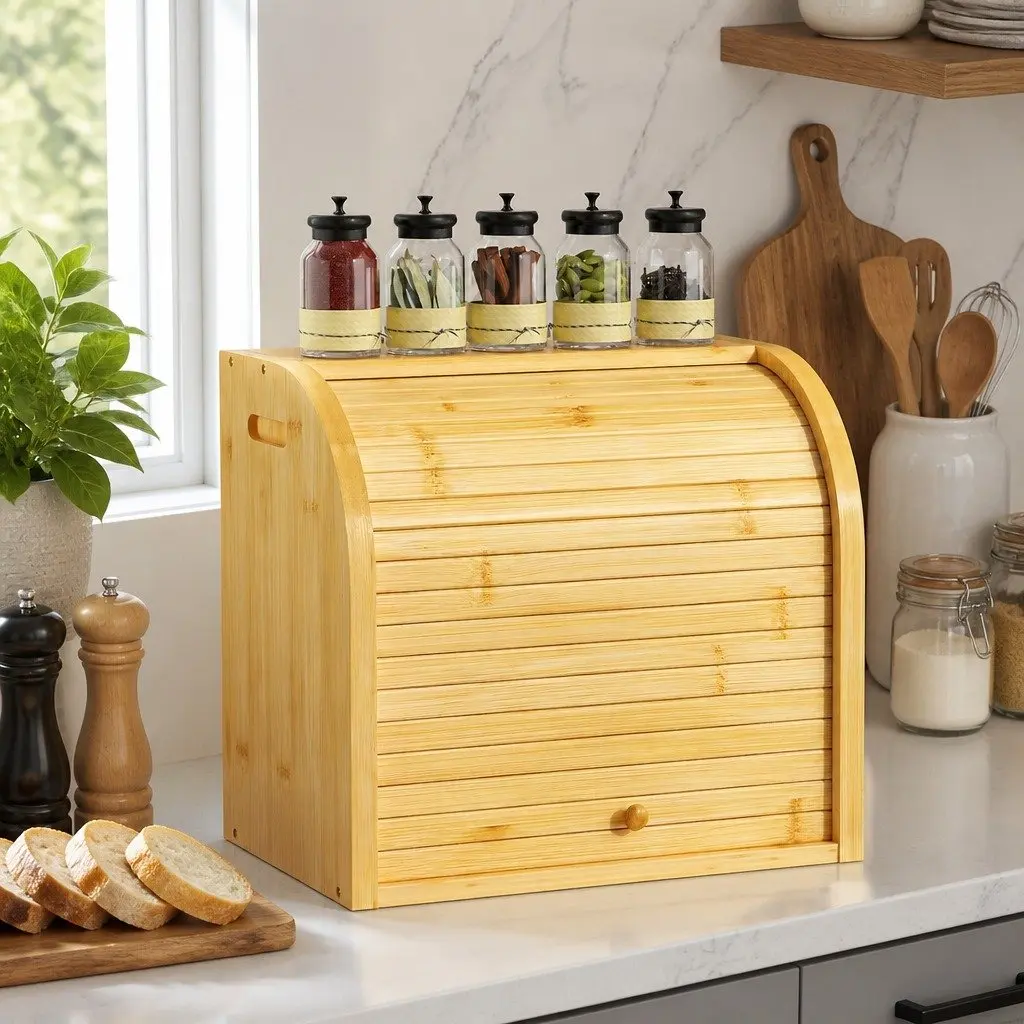 Bamboo Bread Box Roll Top Storage Organizer 2-Tier Large Natural