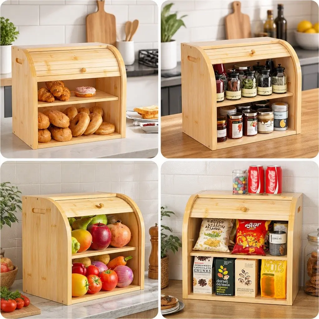Bamboo Bread Box Roll Top Storage Organizer 2-Tier Large Natural