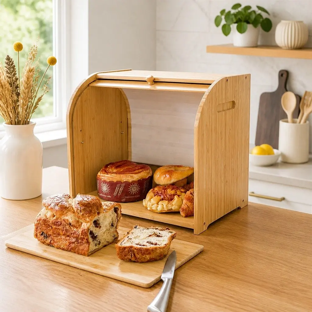 Bamboo Bread Box Roll Top Storage Organizer 2-Tier Large Natural