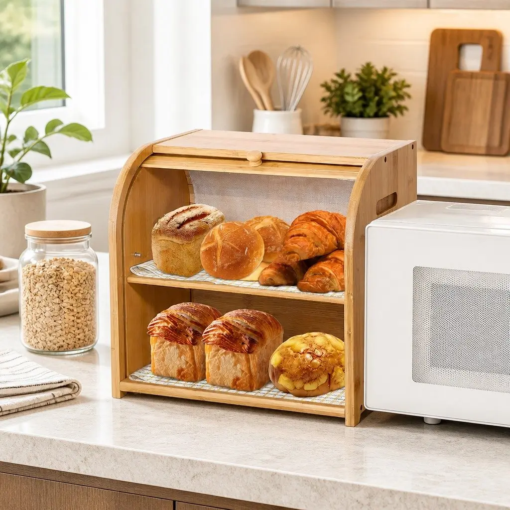 Bamboo Bread Box Roll Top Storage Organizer 2-Tier Large Natural