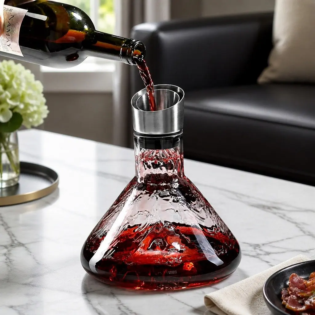 Wine Decanter Lead-Free Crystal Glass Waterfall Aerator with Stainless Steel Silicone Lid 22cm Height 18cm Width 18cm Depth