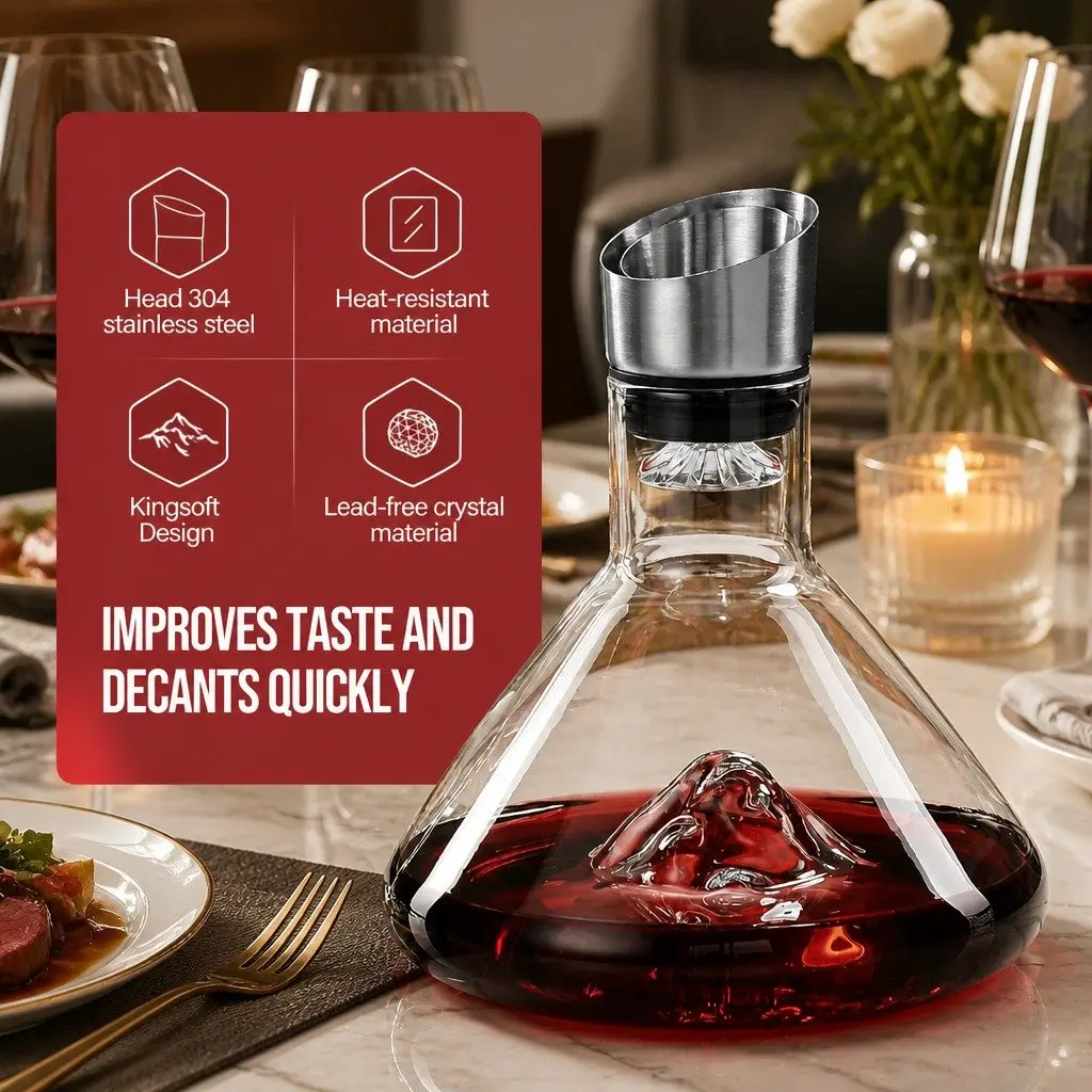 Wine Decanter Lead-Free Crystal Glass Waterfall Aerator with Stainless Steel Silicone Lid 22cm Height 18cm Width 18cm Depth