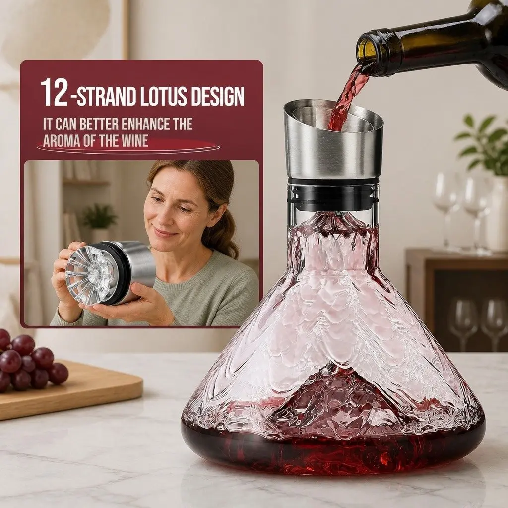 Wine Decanter Lead-Free Crystal Glass Waterfall Aerator with Stainless Steel Silicone Lid 22cm Height 18cm Width 18cm Depth
