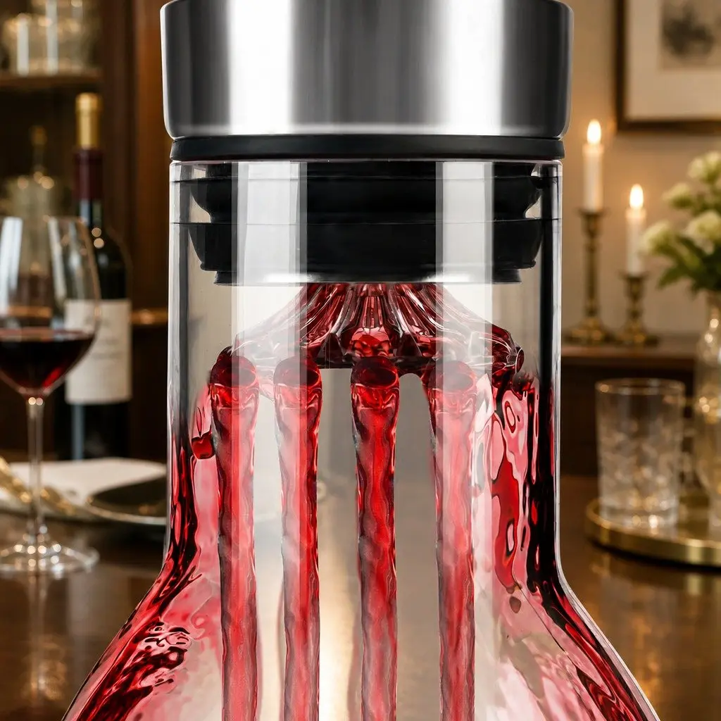 Wine Decanter Lead-Free Crystal Glass Waterfall Aerator with Stainless Steel Silicone Lid 22cm Height 18cm Width 18cm Depth