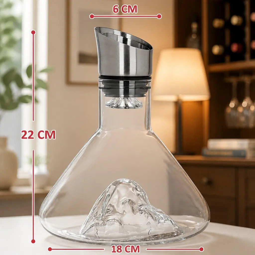 Wine Decanter Lead-Free Crystal Glass Waterfall Aerator with Stainless Steel Silicone Lid 22cm Height 18cm Width 18cm Depth
