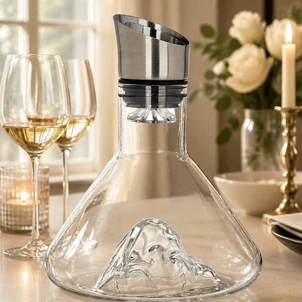 Wine Decanter Lead-Free Crystal Glass Waterfall Aerator with Stainless Steel Silicone Lid 22cm Height 18cm Width 18cm Depth
