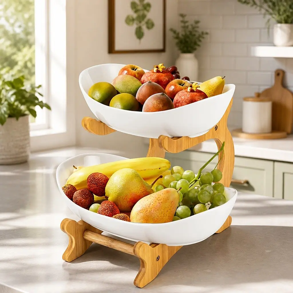 2-Tier Bamboo Stand Ceramic Fruit Bowl White Vertical Space Saver Kitchen Counter Snack Tray
