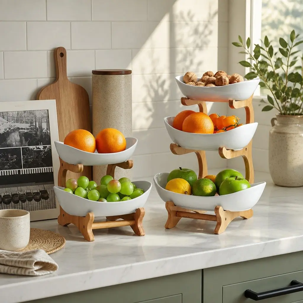 2-Tier Bamboo Stand Ceramic Fruit Bowl White Vertical Space Saver Kitchen Counter Snack Tray