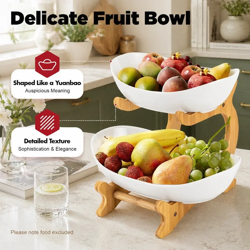 2-Tier Bamboo Stand Ceramic Fruit Bowl White Vertical Space Saver Kitchen Counter Snack Tray