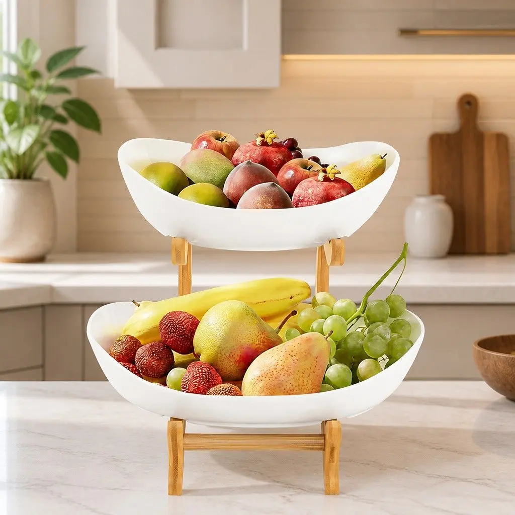 2-Tier Bamboo Stand Ceramic Fruit Bowl White Vertical Space Saver Kitchen Counter Snack Tray