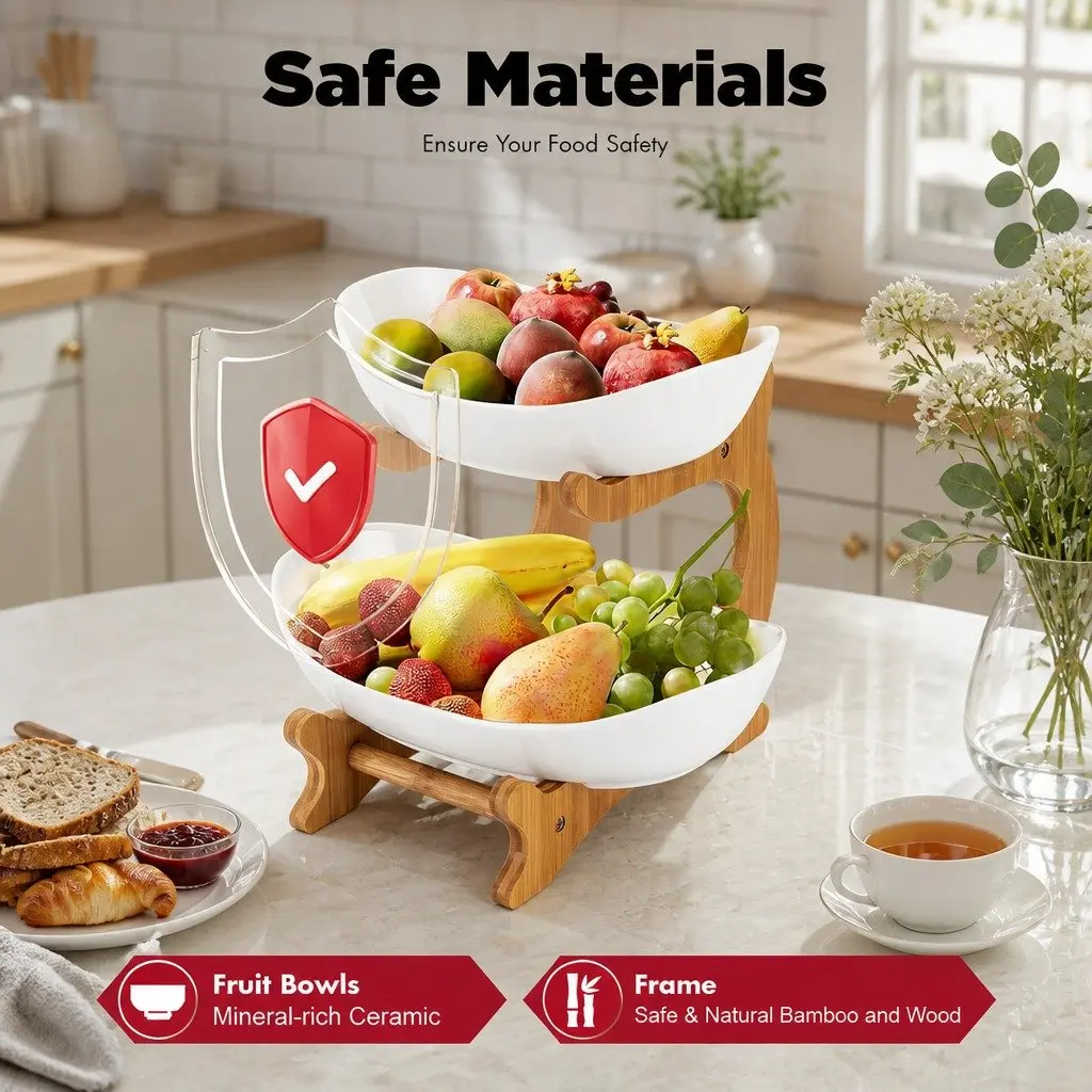 2-Tier Bamboo Stand Ceramic Fruit Bowl White Vertical Space Saver Kitchen Counter Snack Tray