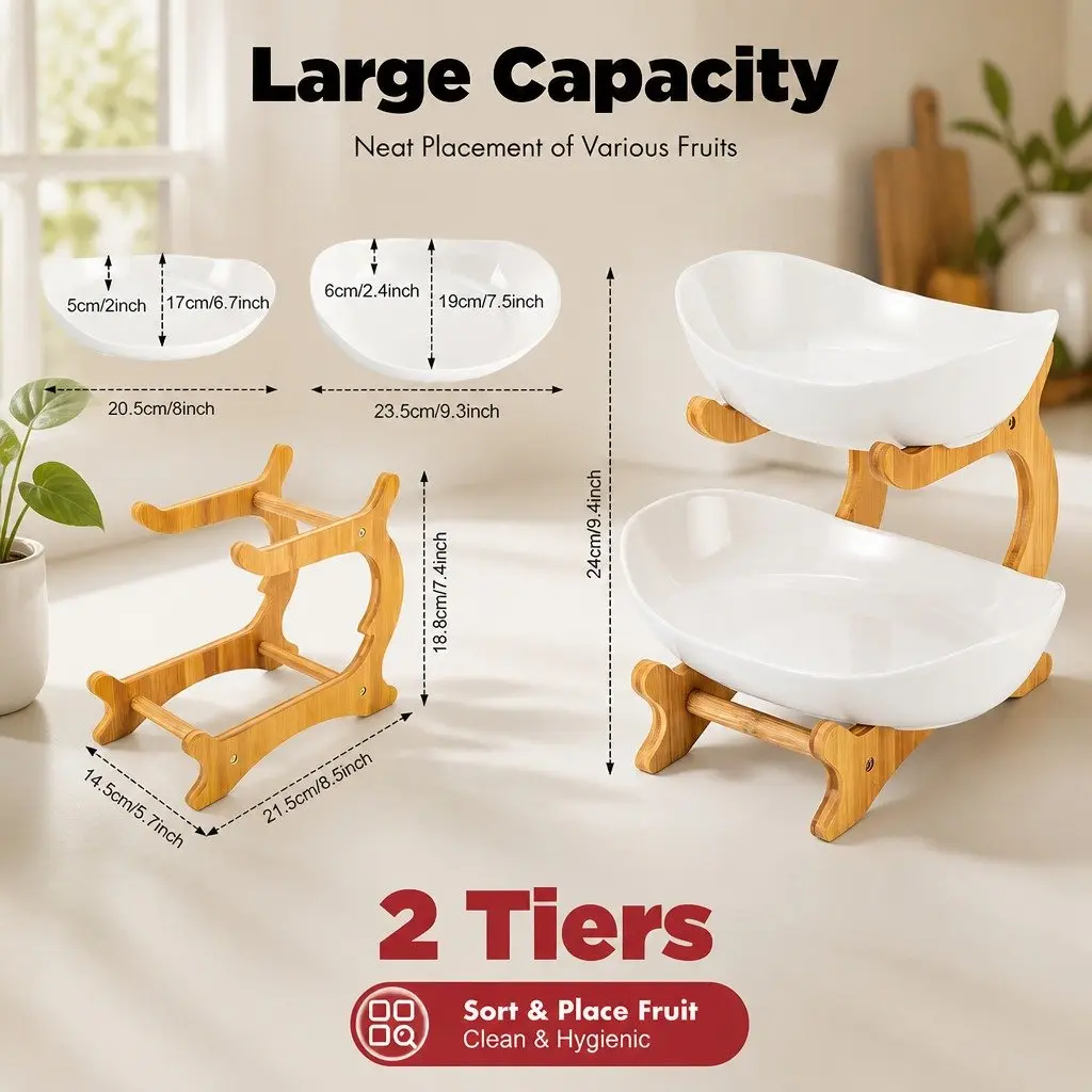 2-Tier Bamboo Stand Ceramic Fruit Bowl White Vertical Space Saver Kitchen Counter Snack Tray