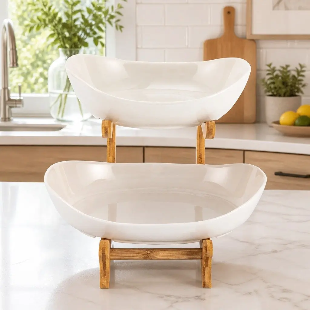 2-Tier Bamboo Stand Ceramic Fruit Bowl White Vertical Space Saver Kitchen Counter Snack Tray