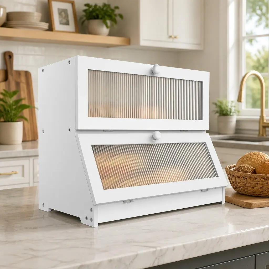 Bamboo Bread Storage Container Double Layer Kitchen Countertop Organizer White with Clear Window