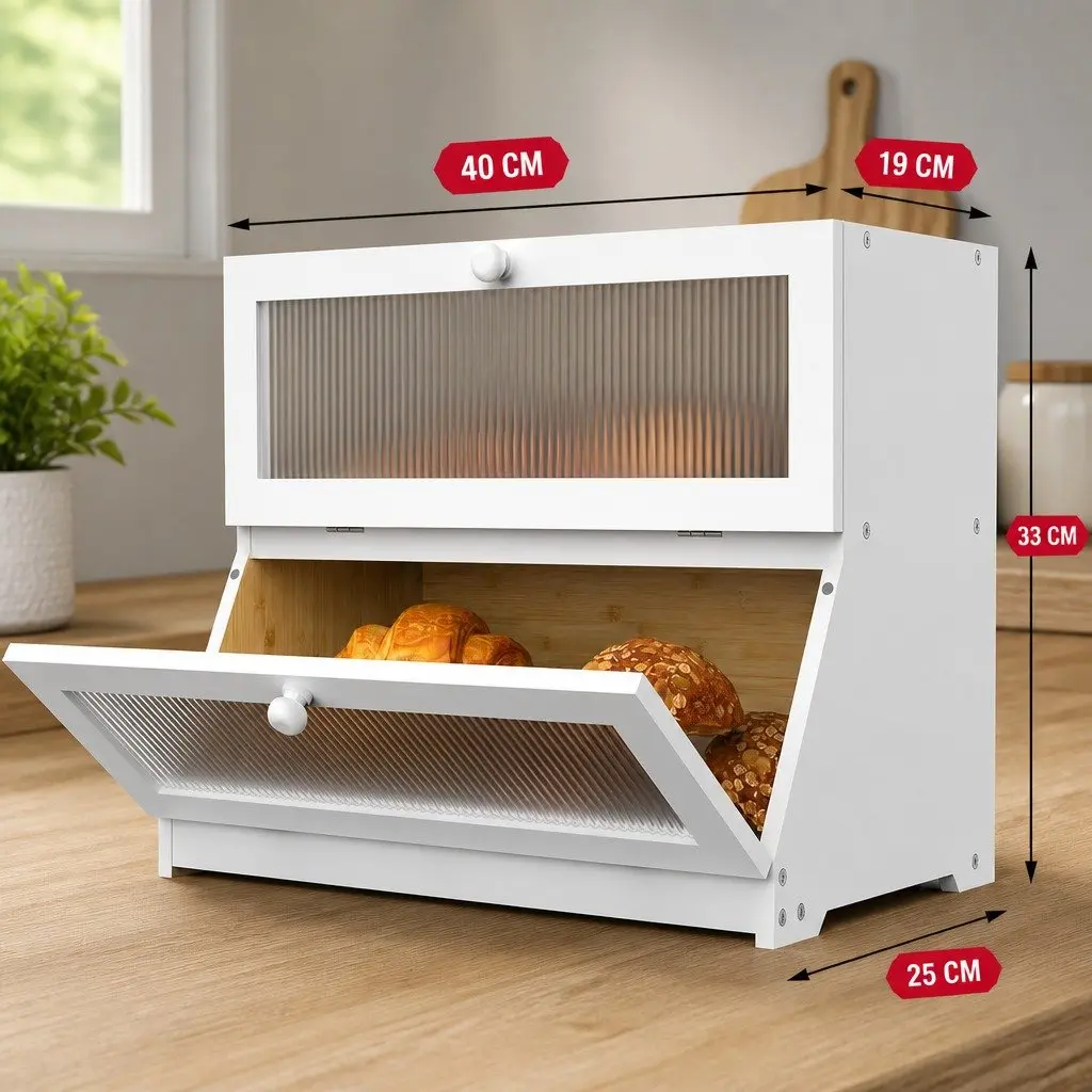 Bamboo Bread Storage Container Double Layer Kitchen Countertop Organizer White with Clear Window