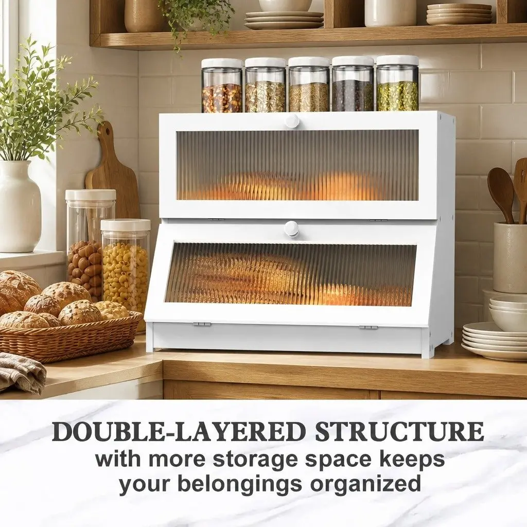 Bamboo Bread Storage Container Double Layer Kitchen Countertop Organizer White with Clear Window