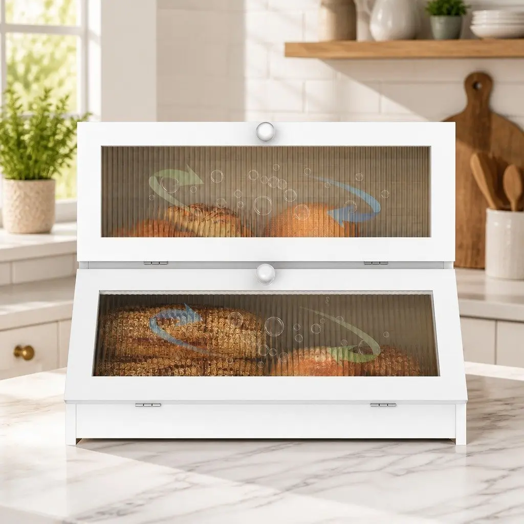 Bamboo Bread Storage Container Double Layer Kitchen Countertop Organizer White with Clear Window