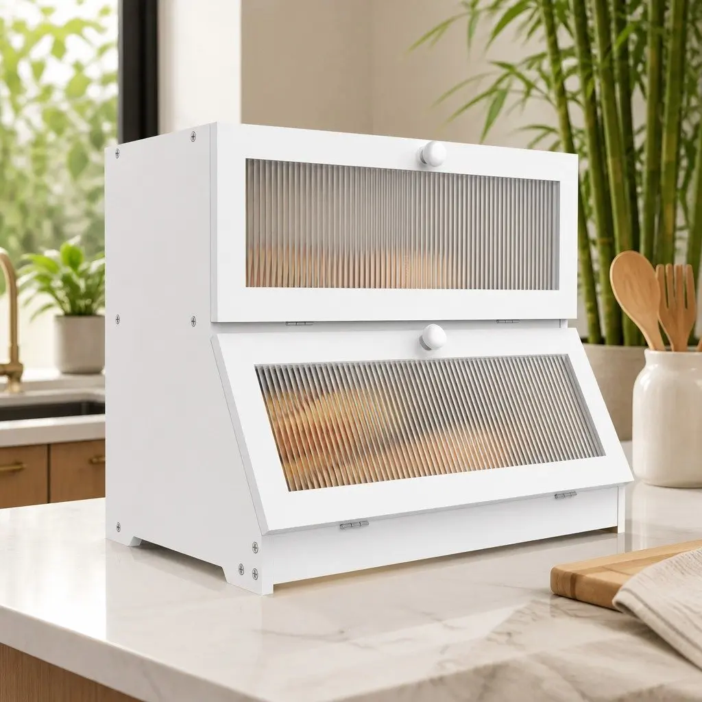 Bamboo Bread Storage Container Double Layer Kitchen Countertop Organizer White with Clear Window